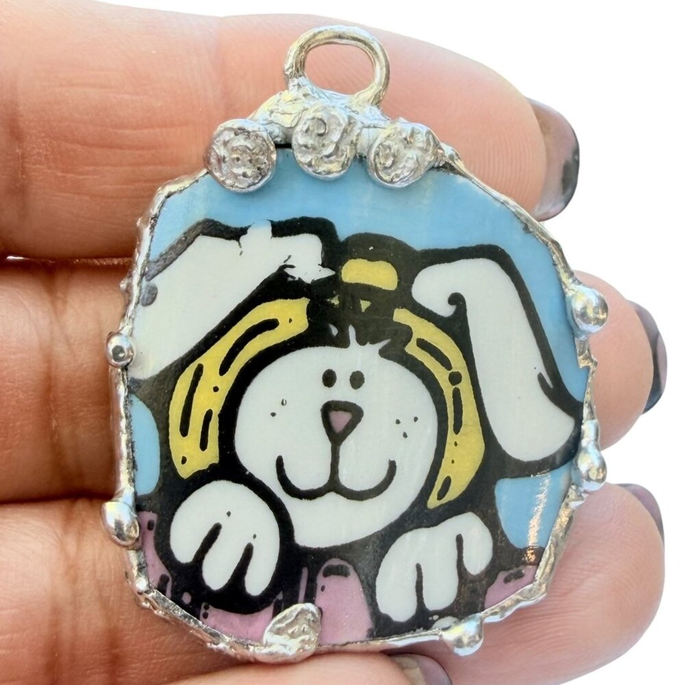 Royal Norfolk Easter Bunny Broken China Pendant - Silver Cabochon Necklace 1.5" - Picture 12 of 15